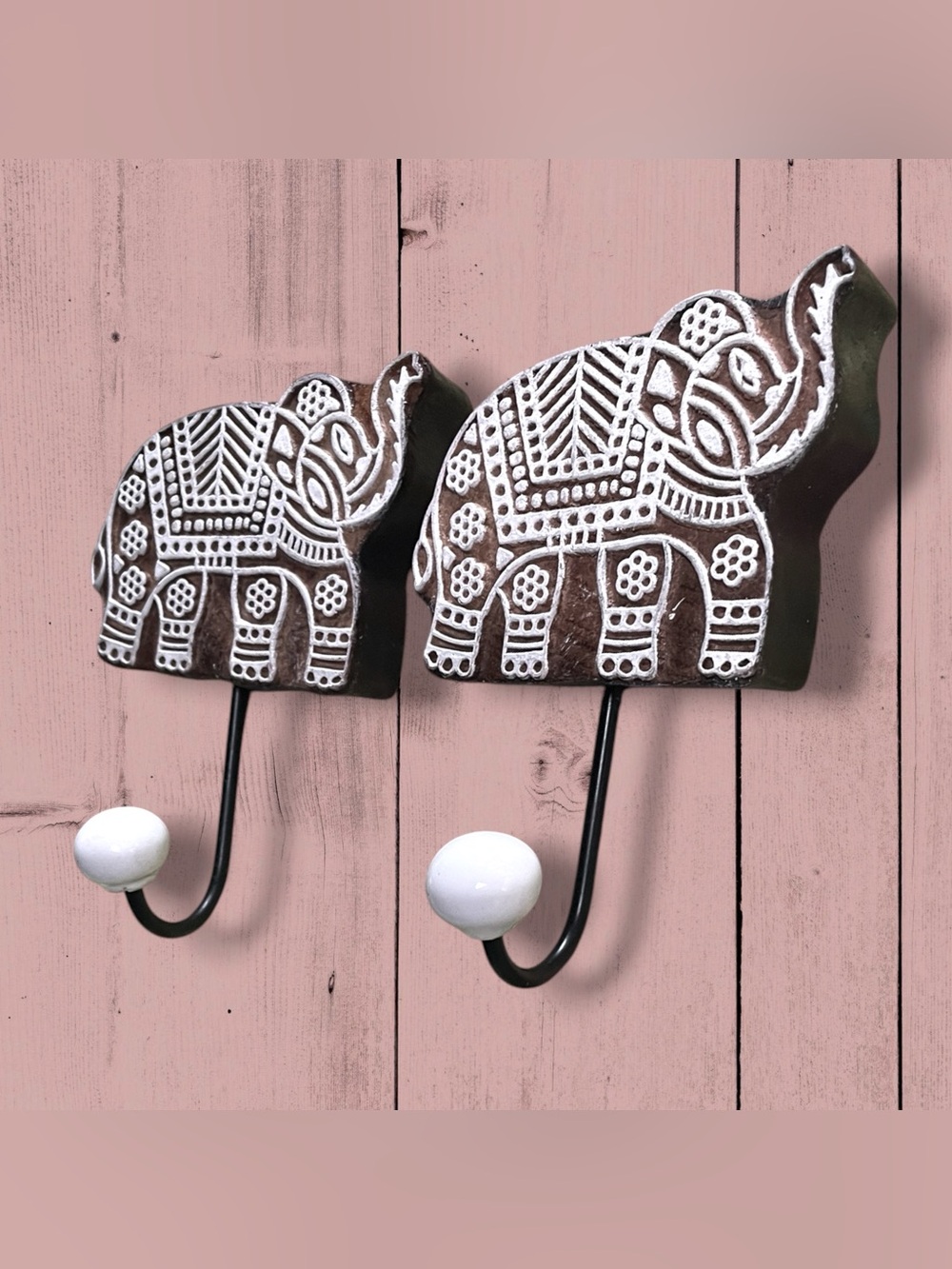 Pair Of Mandala Elephant Wall Hooks Hangers New Condition Bohemian Made India